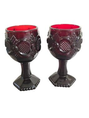 Avon Ruby Red Pressed Vintage Glass Goblets Set of 2